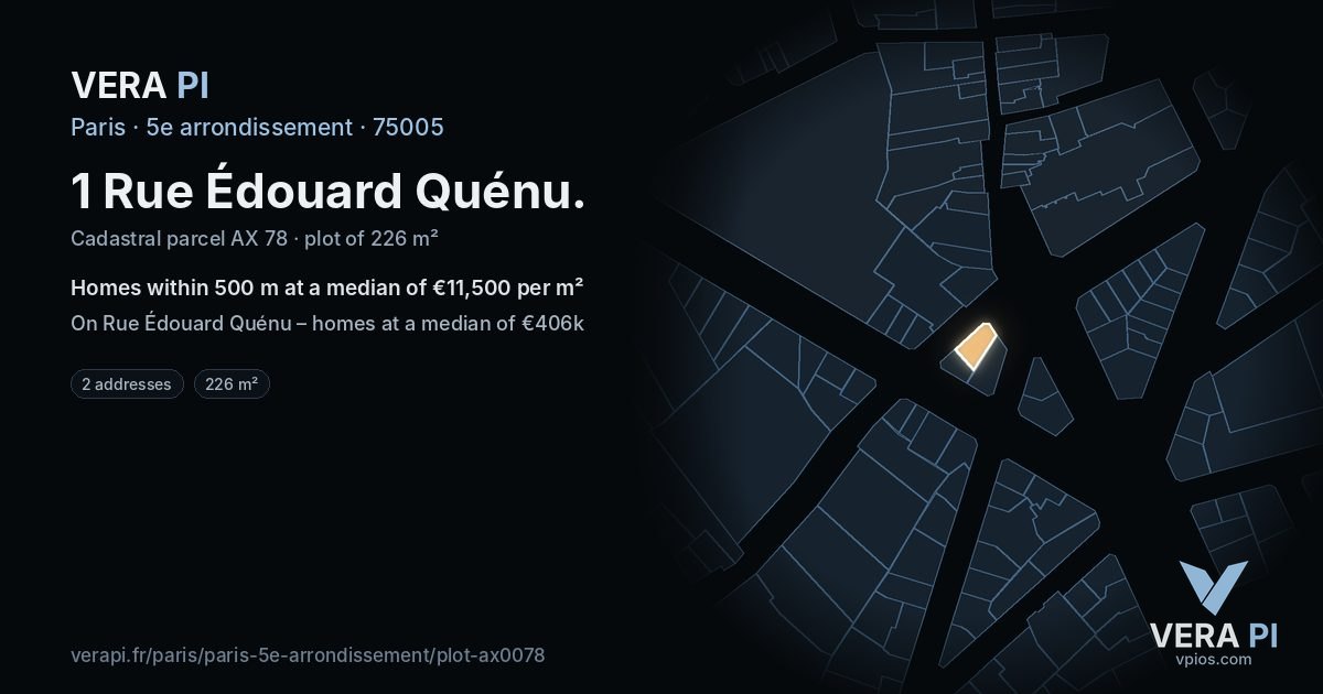 1 Rue Édouard Quénu, 5e arrondissement at night – the plot lit, the parcels around coloured by the prices near them