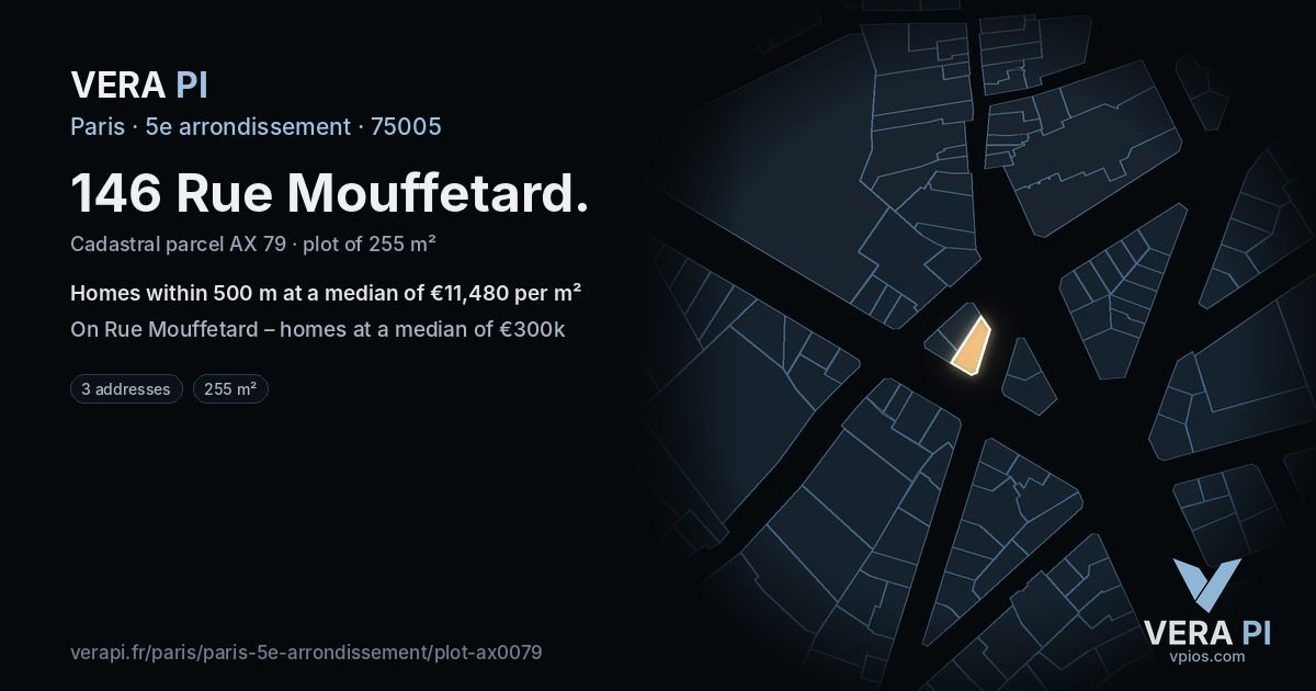 146 Rue Mouffetard, 5e arrondissement at night – the plot lit, the parcels around coloured by the prices near them