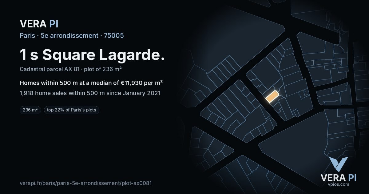 1 s Square Lagarde, 5e arrondissement at night – the plot lit, the parcels around coloured by the prices near them