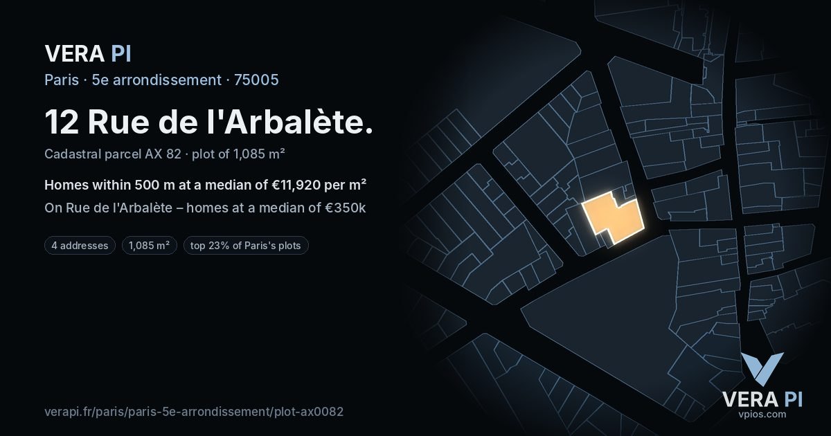 12 Rue de l'Arbalète, 5e arrondissement at night – the plot lit, the parcels around coloured by the prices near them