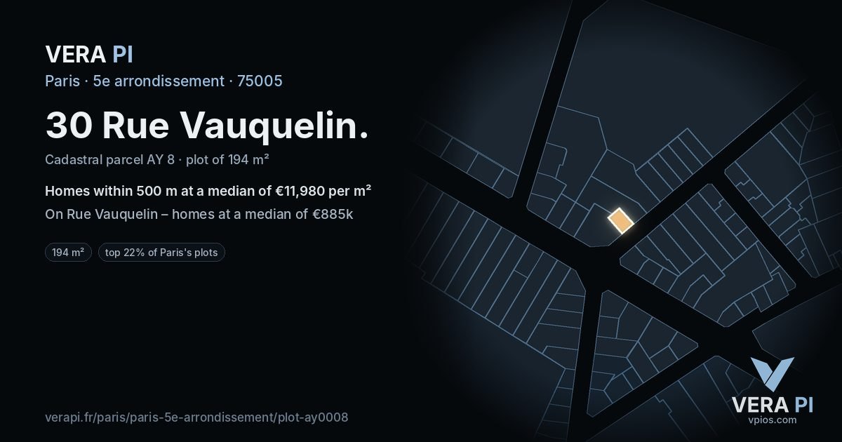 30 Rue Vauquelin, 5e arrondissement at night – the plot lit, the parcels around coloured by the prices near them