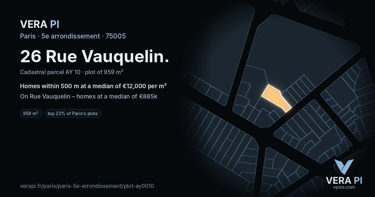 26 Rue Vauquelin, 5e arrondissement at night – the plot lit, the parcels around coloured by the prices near them