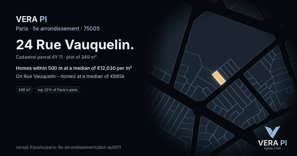 24 Rue Vauquelin, 5e arrondissement at night – the plot lit, the parcels around coloured by the prices near them