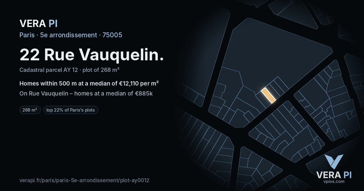22 Rue Vauquelin, 5e arrondissement at night – the plot lit, the parcels around coloured by the prices near them