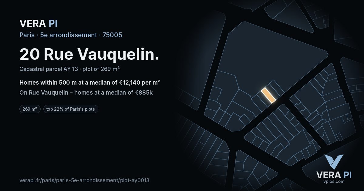 20 Rue Vauquelin, 5e arrondissement at night – the plot lit, the parcels around coloured by the prices near them