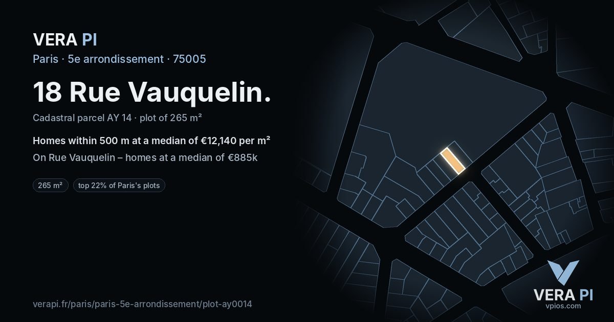 18 Rue Vauquelin, 5e arrondissement at night – the plot lit, the parcels around coloured by the prices near them