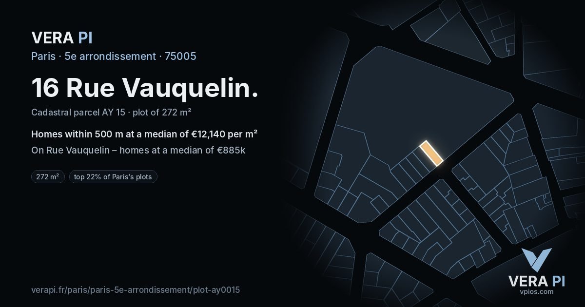 16 Rue Vauquelin, 5e arrondissement at night – the plot lit, the parcels around coloured by the prices near them