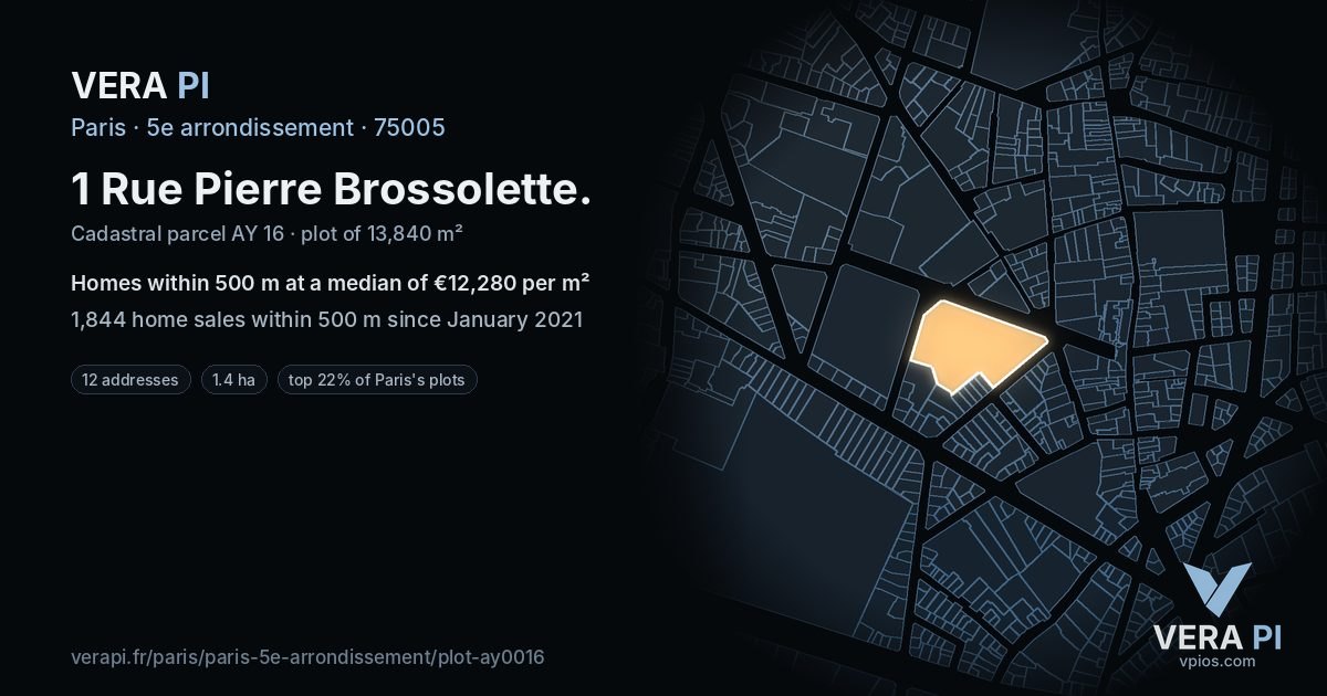 1 Rue Pierre Brossolette, 5e arrondissement at night – the plot lit, the parcels around coloured by the prices near them