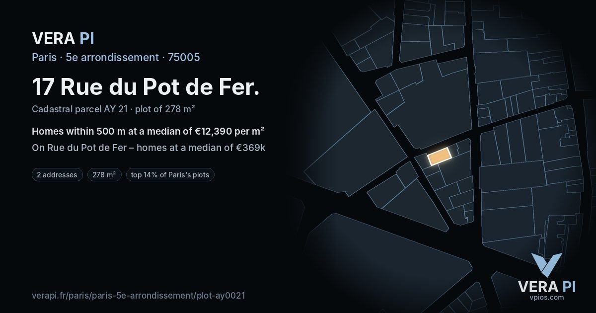 17 Rue du Pot de Fer, 5e arrondissement at night – the plot lit, the parcels around coloured by the prices near them