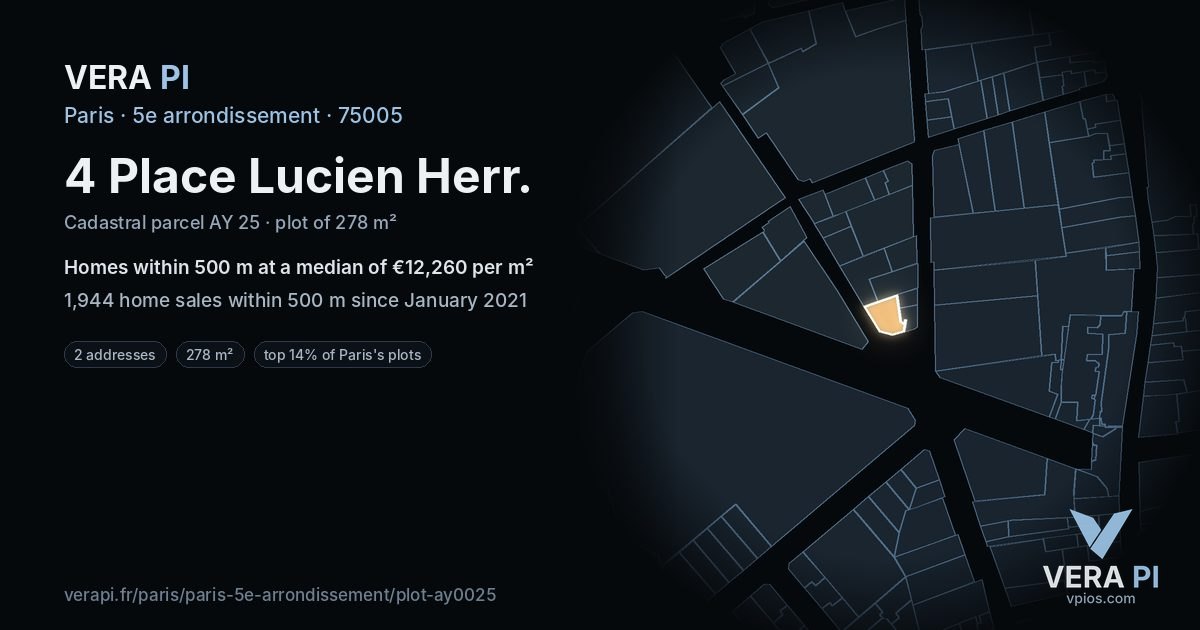 4 Place Lucien Herr, 5e arrondissement at night – the plot lit, the parcels around coloured by the prices near them