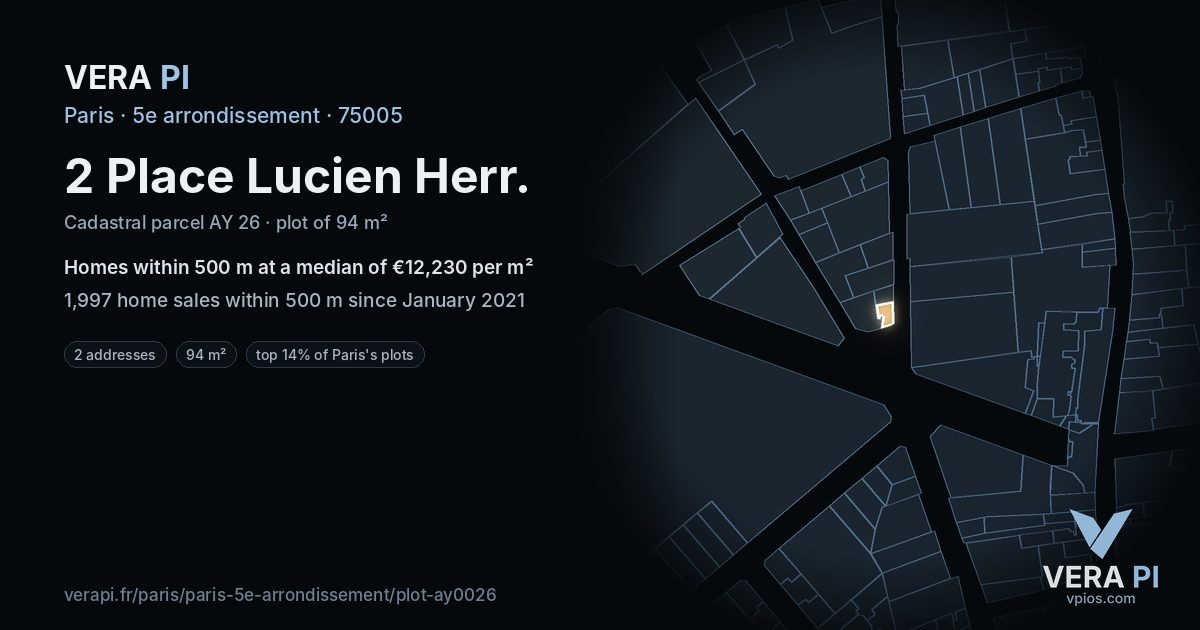 2 Place Lucien Herr, 5e arrondissement at night – the plot lit, the parcels around coloured by the prices near them