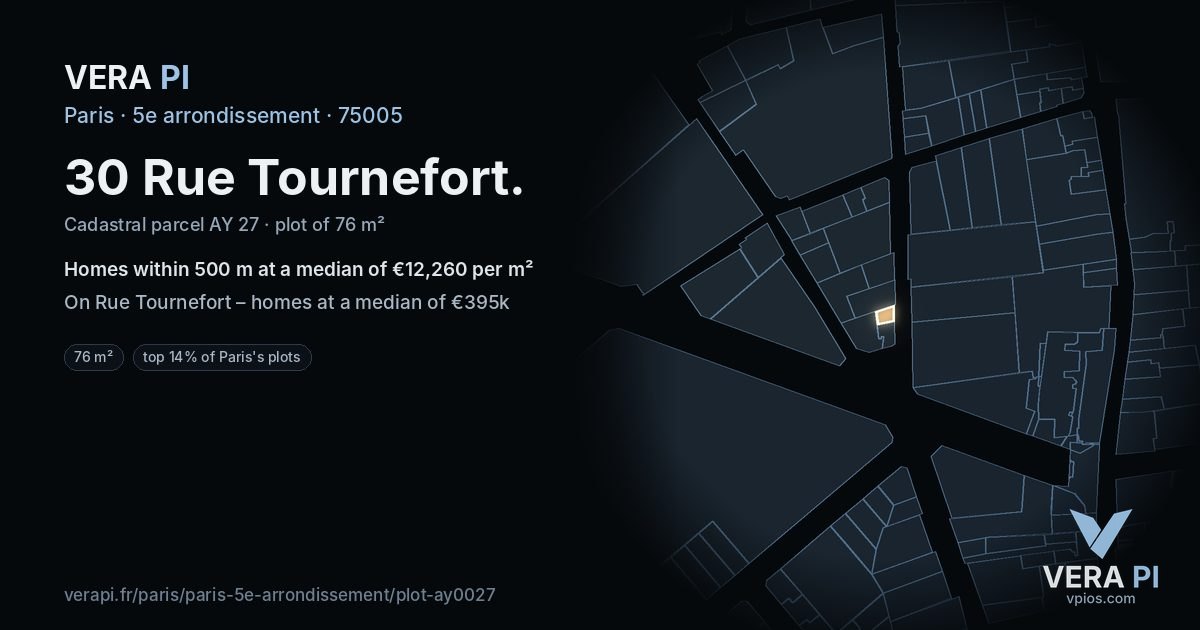 30 Rue Tournefort, 5e arrondissement at night – the plot lit, the parcels around coloured by the prices near them