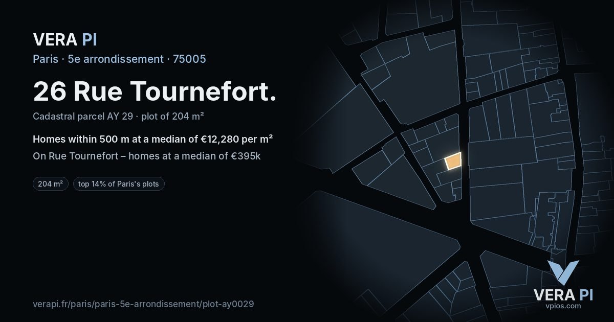 26 Rue Tournefort, 5e arrondissement at night – the plot lit, the parcels around coloured by the prices near them