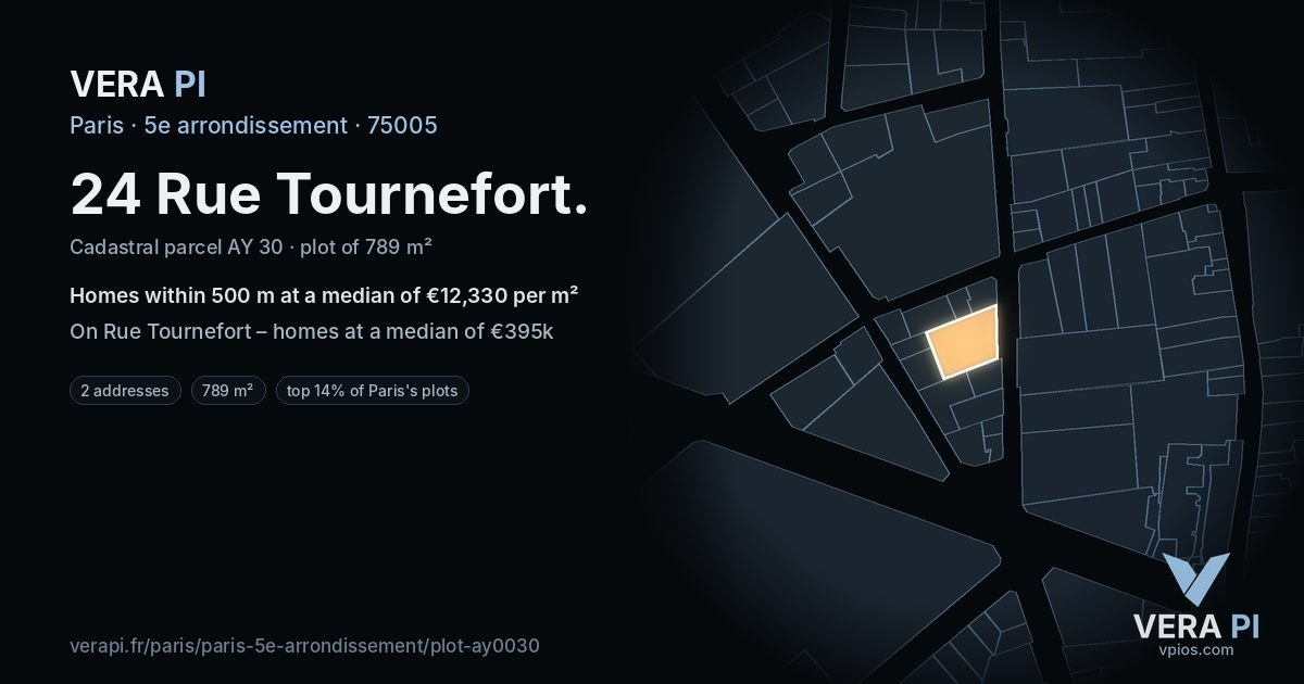 24 Rue Tournefort, 5e arrondissement at night – the plot lit, the parcels around coloured by the prices near them