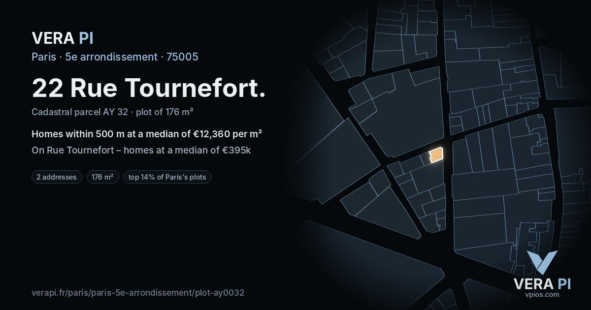 22 Rue Tournefort, 5e arrondissement at night – the plot lit, the parcels around coloured by the prices near them