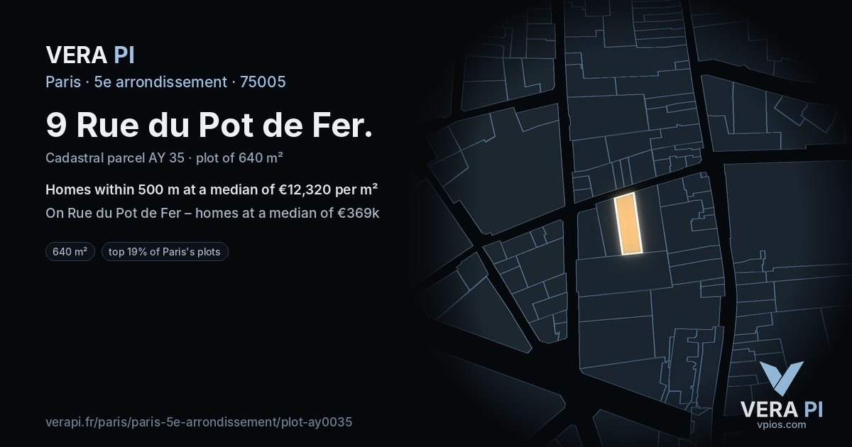 9 Rue du Pot de Fer, 5e arrondissement at night – the plot lit, the parcels around coloured by the prices near them