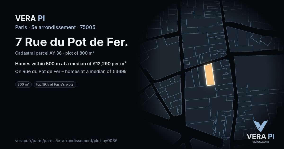 7 Rue du Pot de Fer, 5e arrondissement at night – the plot lit, the parcels around coloured by the prices near them