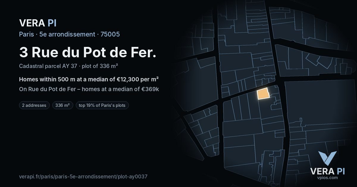 3 Rue du Pot de Fer, 5e arrondissement at night – the plot lit, the parcels around coloured by the prices near them