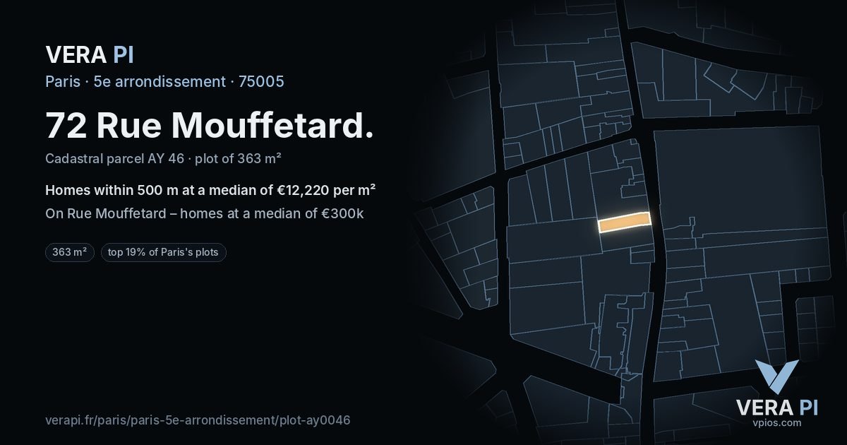 72 Rue Mouffetard, 5e arrondissement at night – the plot lit, the parcels around coloured by the prices near them