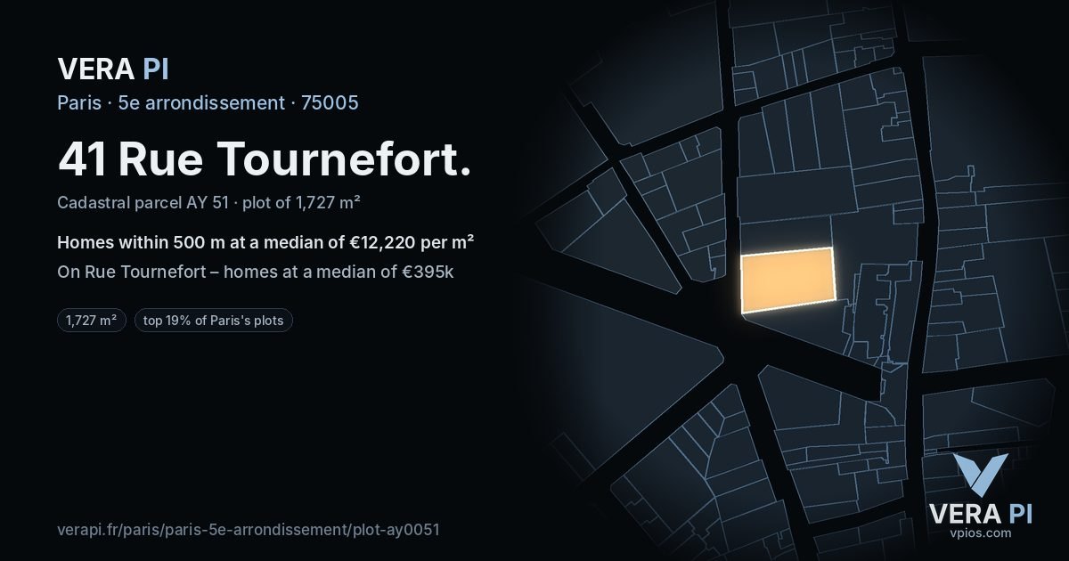 41 Rue Tournefort, 5e arrondissement at night – the plot lit, the parcels around coloured by the prices near them