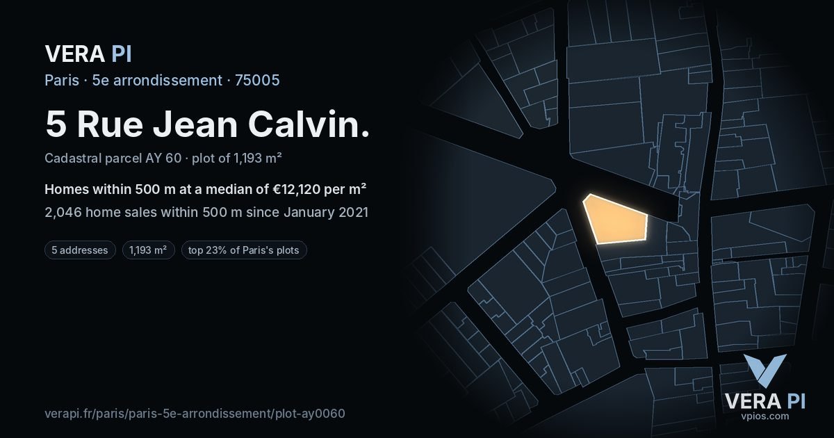5 Rue Jean Calvin, 5e arrondissement at night – the plot lit, the parcels around coloured by the prices near them