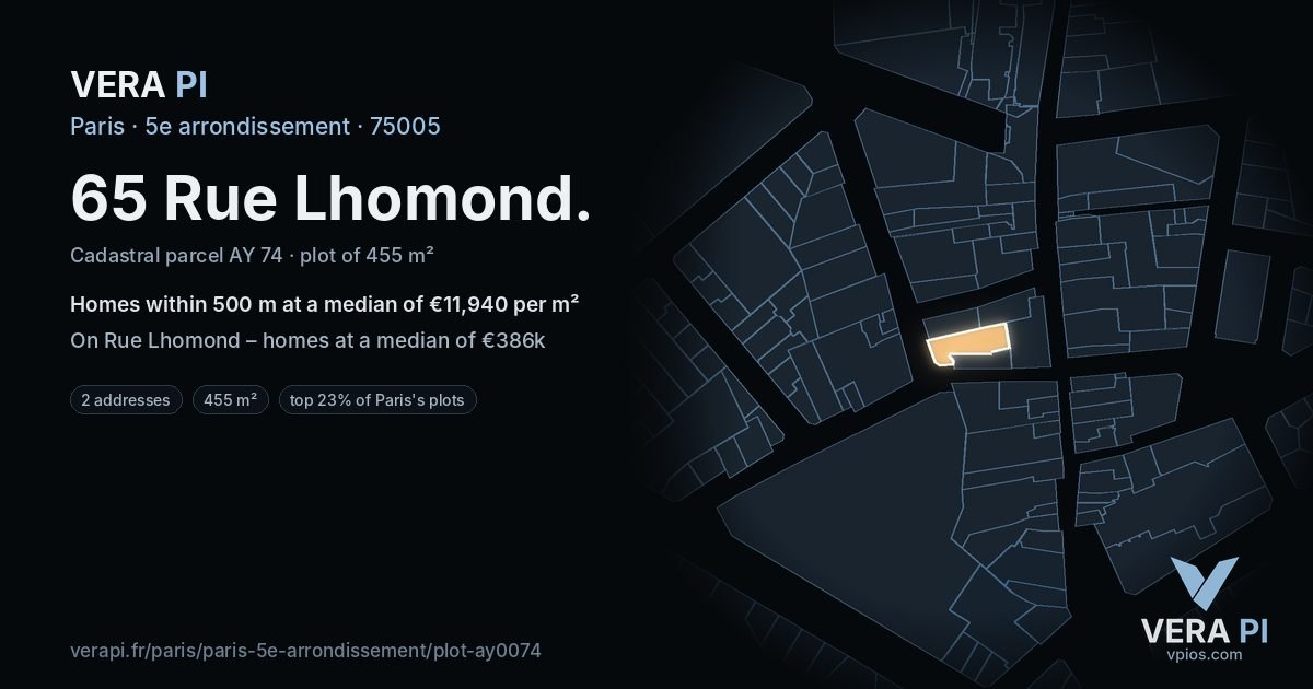 65 Rue Lhomond, 5e arrondissement at night – the plot lit, the parcels around coloured by the prices near them
