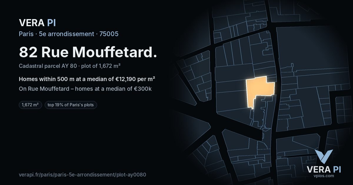 82 Rue Mouffetard, 5e arrondissement at night – the plot lit, the parcels around coloured by the prices near them