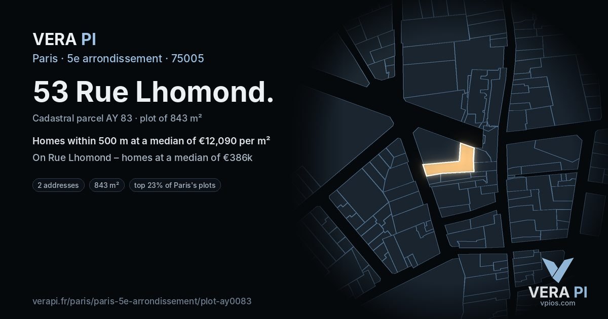 53 Rue Lhomond, 5e arrondissement at night – the plot lit, the parcels around coloured by the prices near them