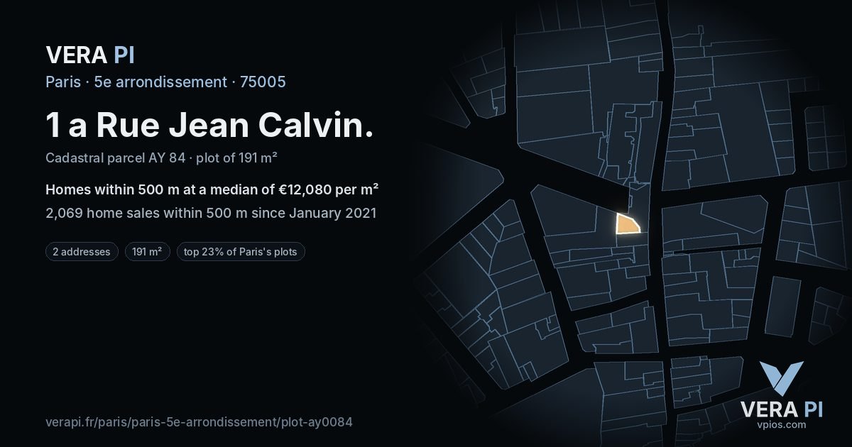1 a Rue Jean Calvin, 5e arrondissement at night – the plot lit, the parcels around coloured by the prices near them