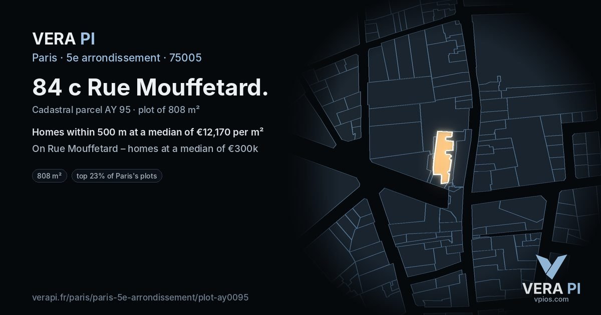 84 c Rue Mouffetard, 5e arrondissement at night – the plot lit, the parcels around coloured by the prices near them