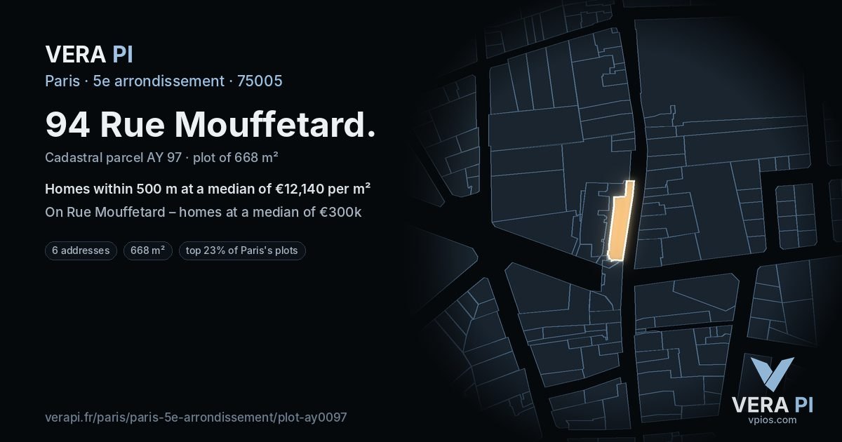 94 Rue Mouffetard, 5e arrondissement at night – the plot lit, the parcels around coloured by the prices near them