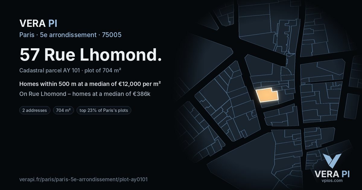 57 Rue Lhomond, 5e arrondissement at night – the plot lit, the parcels around coloured by the prices near them