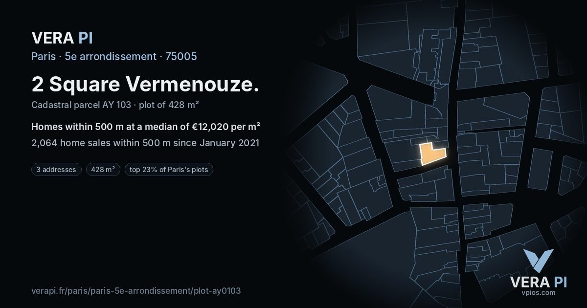 2 Square Vermenouze, 5e arrondissement at night – the plot lit, the parcels around coloured by the prices near them