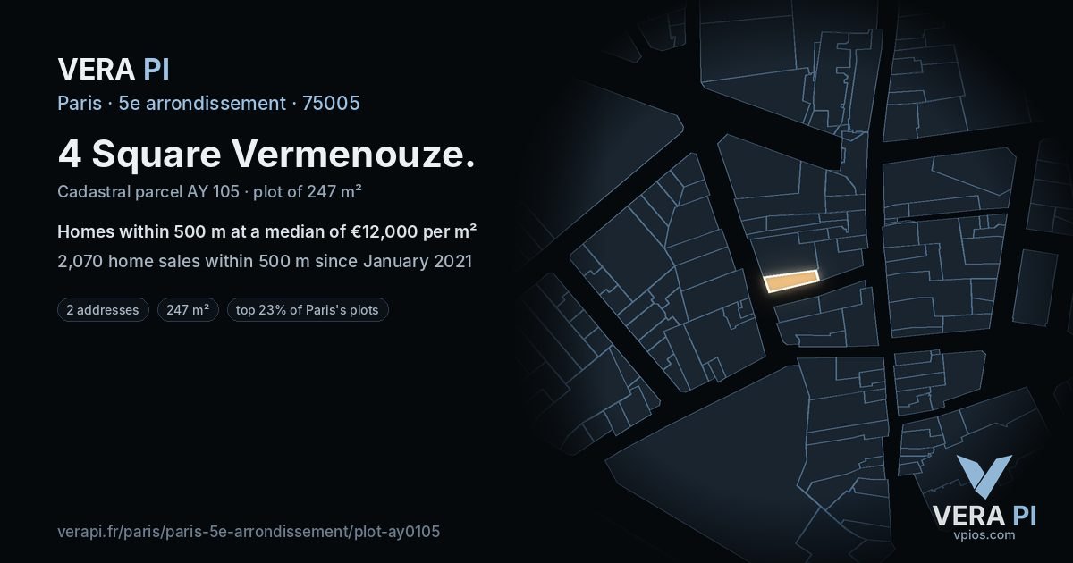 4 Square Vermenouze, 5e arrondissement at night – the plot lit, the parcels around coloured by the prices near them