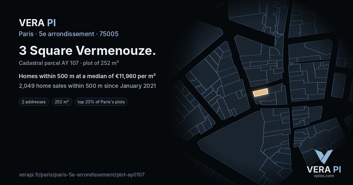 3 Square Vermenouze, 5e arrondissement at night – the plot lit, the parcels around coloured by the prices near them