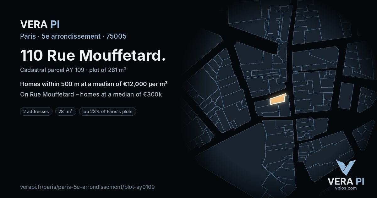 110 Rue Mouffetard, 5e arrondissement at night – the plot lit, the parcels around coloured by the prices near them