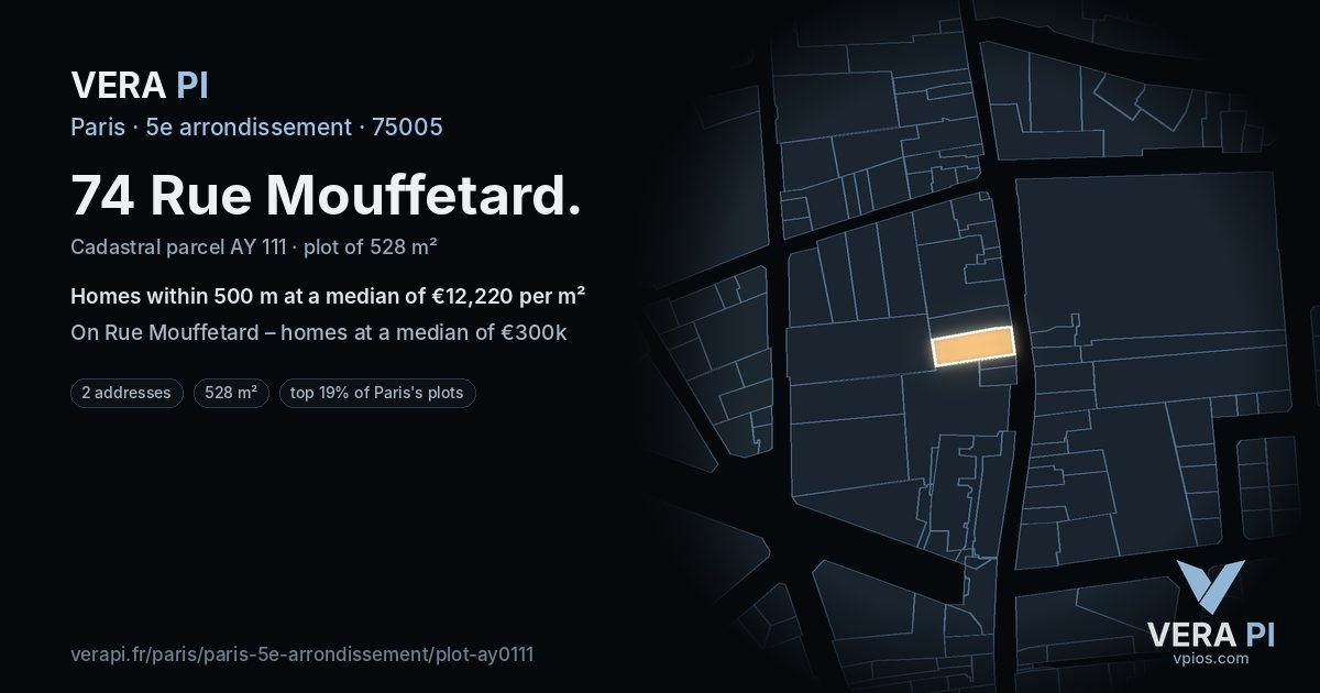 74 Rue Mouffetard, 5e arrondissement at night – the plot lit, the parcels around coloured by the prices near them