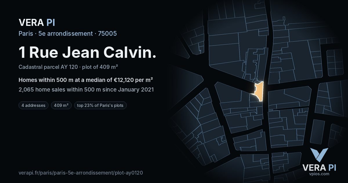 1 Rue Jean Calvin, 5e arrondissement at night – the plot lit, the parcels around coloured by the prices near them