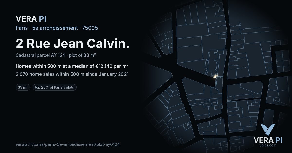 2 Rue Jean Calvin, 5e arrondissement at night – the plot lit, the parcels around coloured by the prices near them