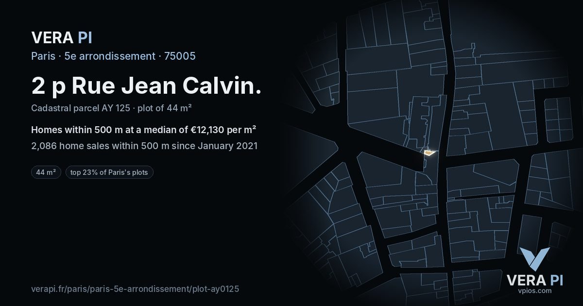 2 p Rue Jean Calvin, 5e arrondissement at night – the plot lit, the parcels around coloured by the prices near them