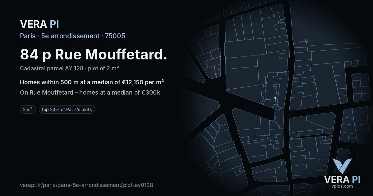 84 p Rue Mouffetard, 5e arrondissement at night – the plot lit, the parcels around coloured by the prices near them