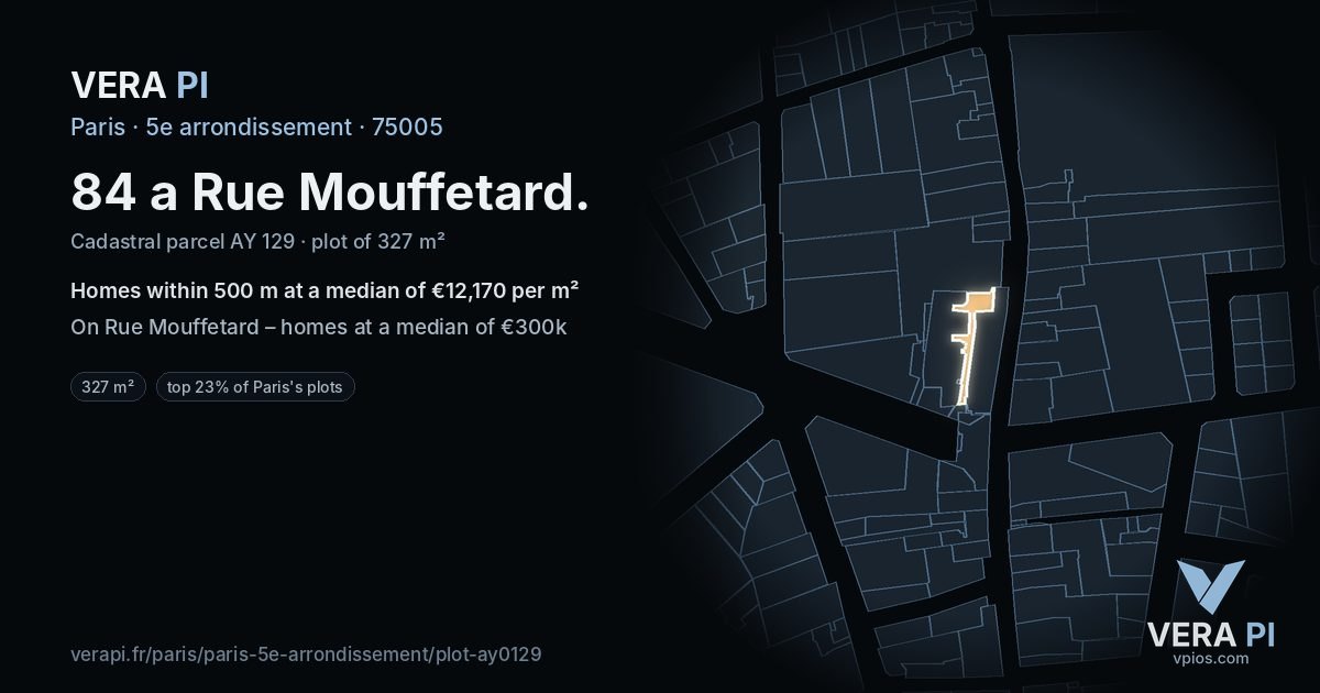 84 a Rue Mouffetard, 5e arrondissement at night – the plot lit, the parcels around coloured by the prices near them
