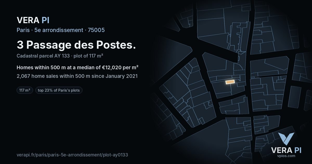 3 Passage des Postes, 5e arrondissement at night – the plot lit, the parcels around coloured by the prices near them