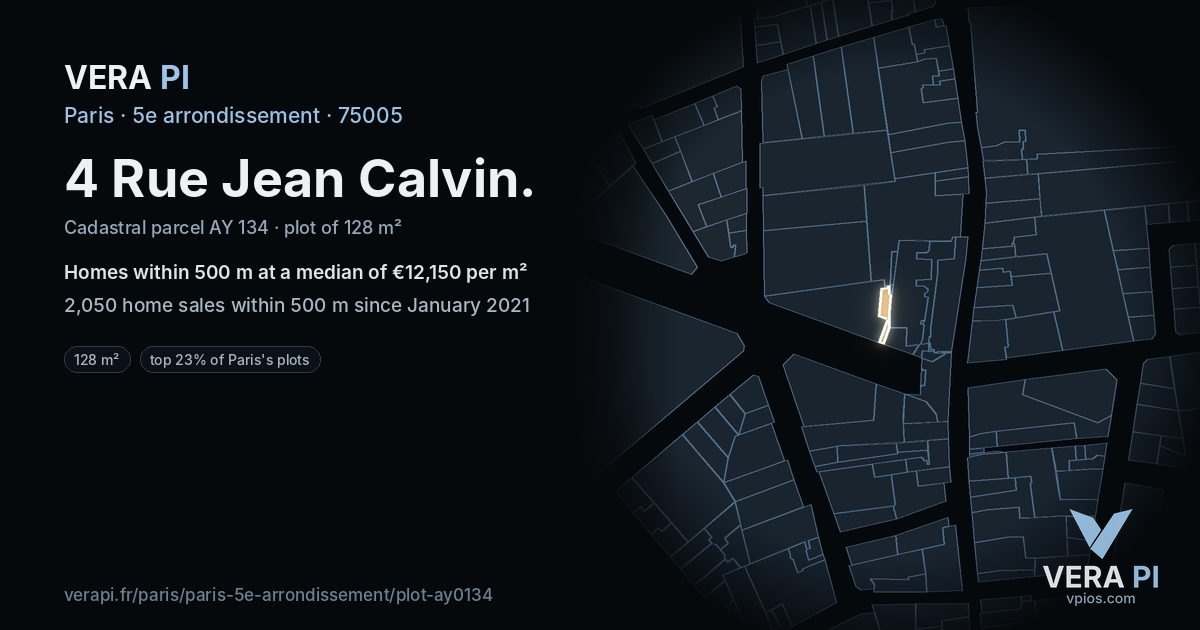 4 Rue Jean Calvin, 5e arrondissement at night – the plot lit, the parcels around coloured by the prices near them