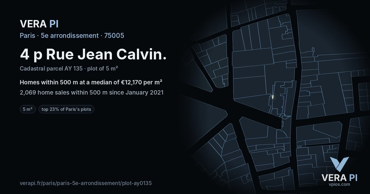 4 p Rue Jean Calvin, 5e arrondissement at night – the plot lit, the parcels around coloured by the prices near them
