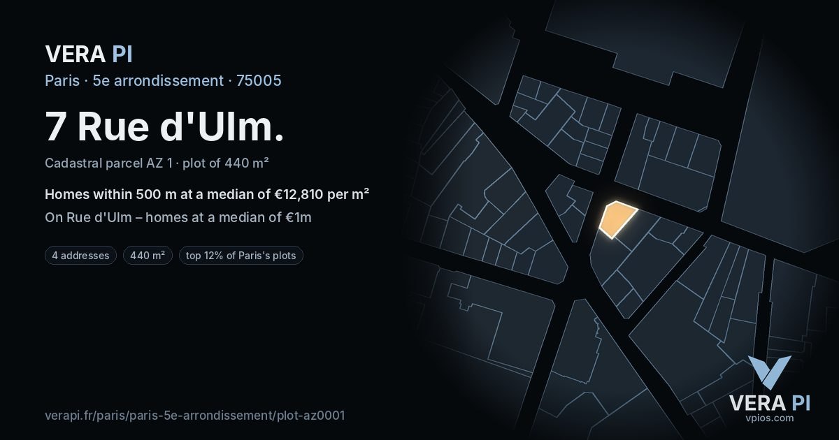 7 Rue d'Ulm, 5e arrondissement at night – the plot lit, the parcels around coloured by the prices near them