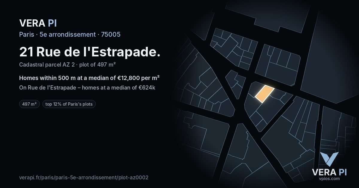 21 Rue de l'Estrapade, 5e arrondissement at night – the plot lit, the parcels around coloured by the prices near them