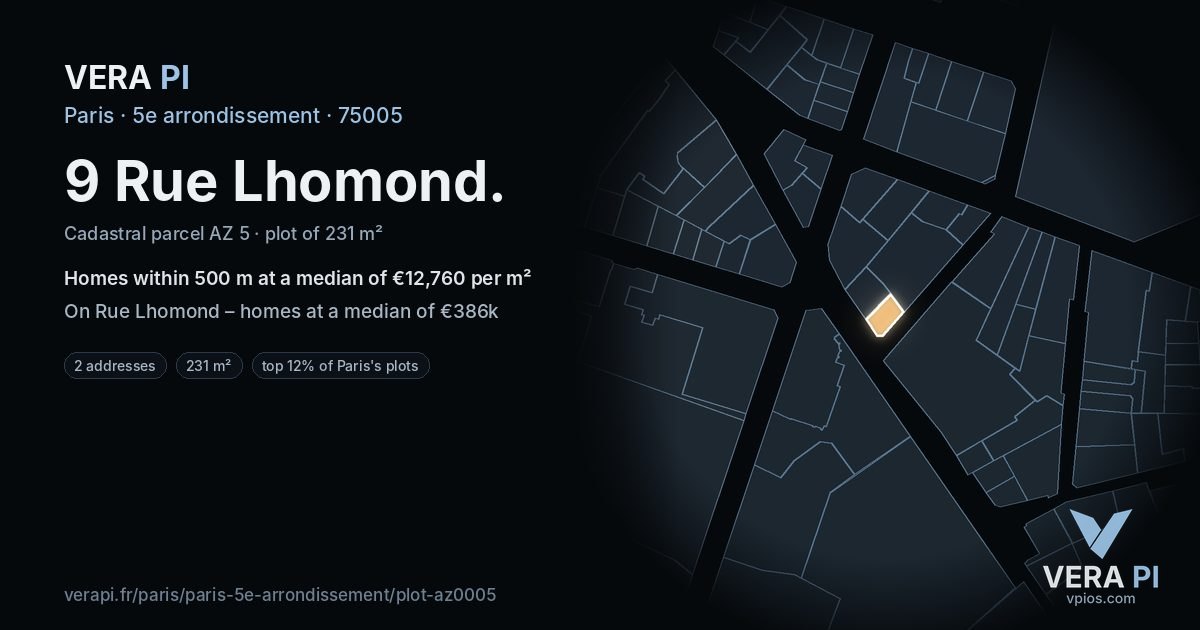 9 Rue Lhomond, 5e arrondissement at night – the plot lit, the parcels around coloured by the prices near them
