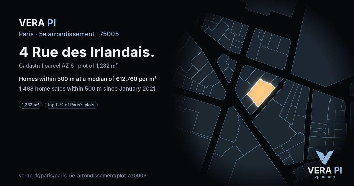 4 Rue des Irlandais, 5e arrondissement at night – the plot lit, the parcels around coloured by the prices near them