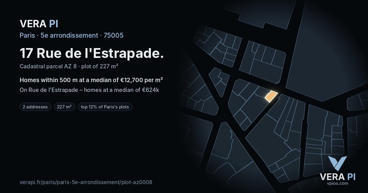 17 Rue de l'Estrapade, 5e arrondissement at night – the plot lit, the parcels around coloured by the prices near them